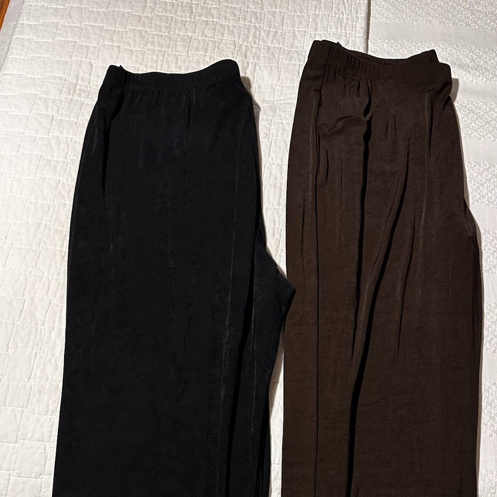 TWO Pair of Chico's Travelers Black and Brown Slinky Knit Pull On Pants Size 3